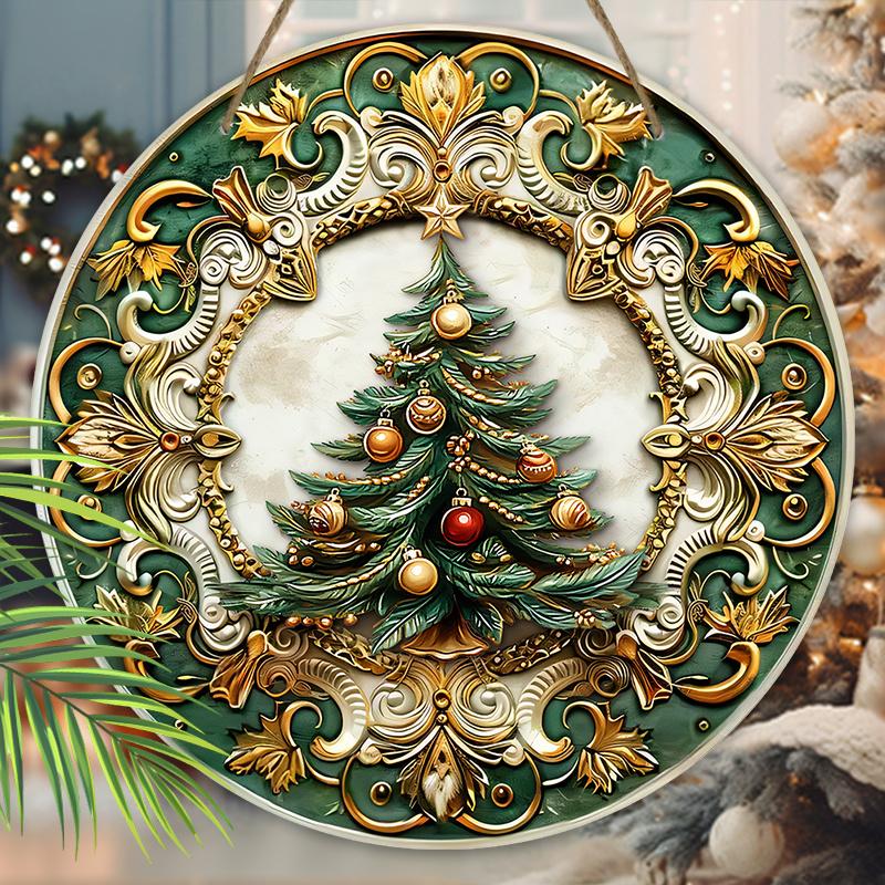 Wooden Christmas Sign with Christmas Tree Pattern - Navidad Round Sign for Front Door Wall Hanging Decor - Ideal Christmas Decoration