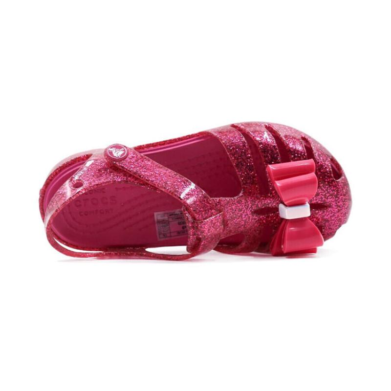 Crocs Isabella Bow Velcro Simple Casual Shiny Hole Sandals Candy Pink Kids