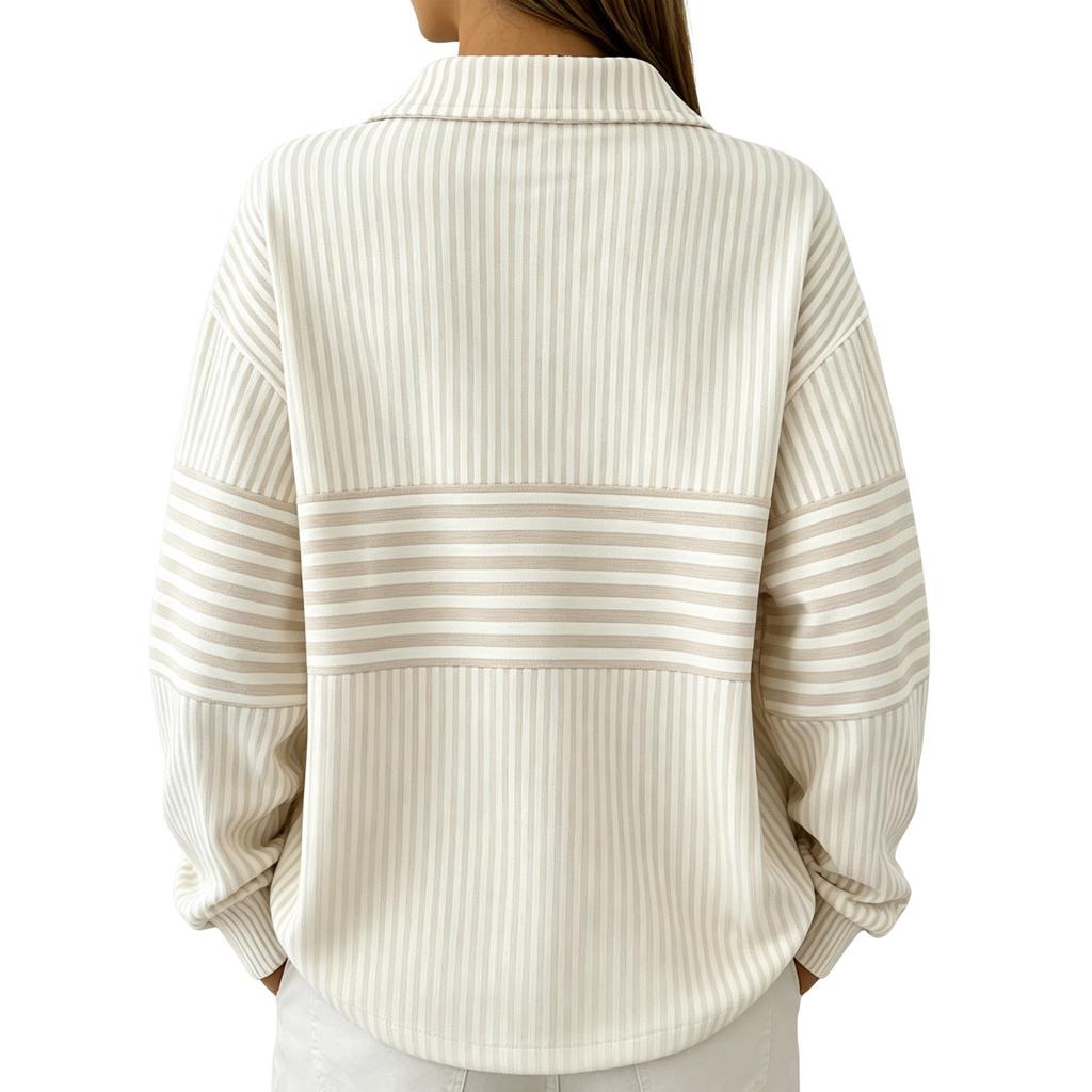 Women's Half-Zip V-Neck Long Sleeve Striped Print Sweatshirt Casual Fall Winter Pullover