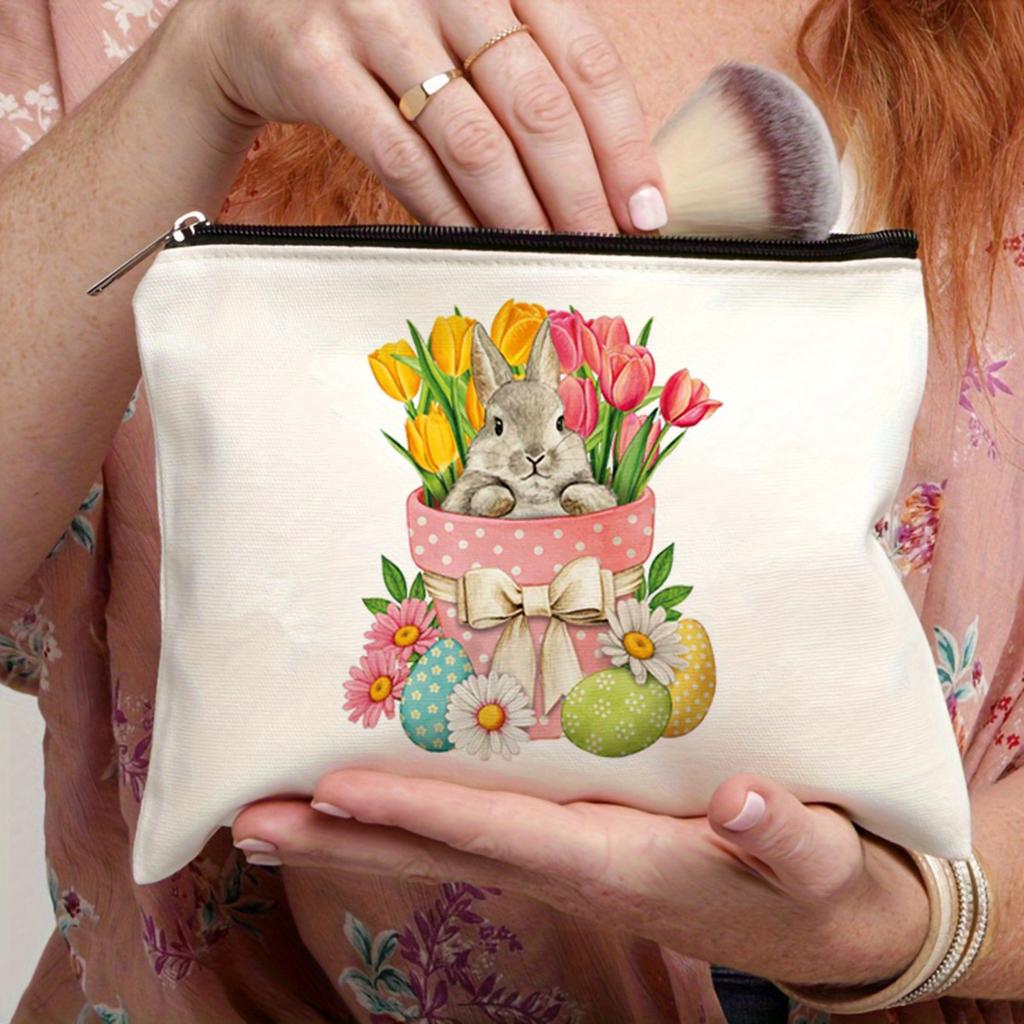 Cute Cartoon Easter Rabbit Egg Pattern Print Makeup Bag Pouch Travel Portable Cosmetics Storage Bag for Women Girls