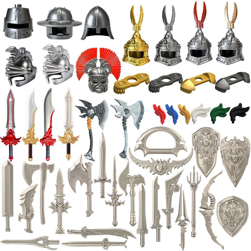 MOC Medieval Castle Knight Figures Waffen Accessories Flame Helmet Shoulder Armor Sword Toy
