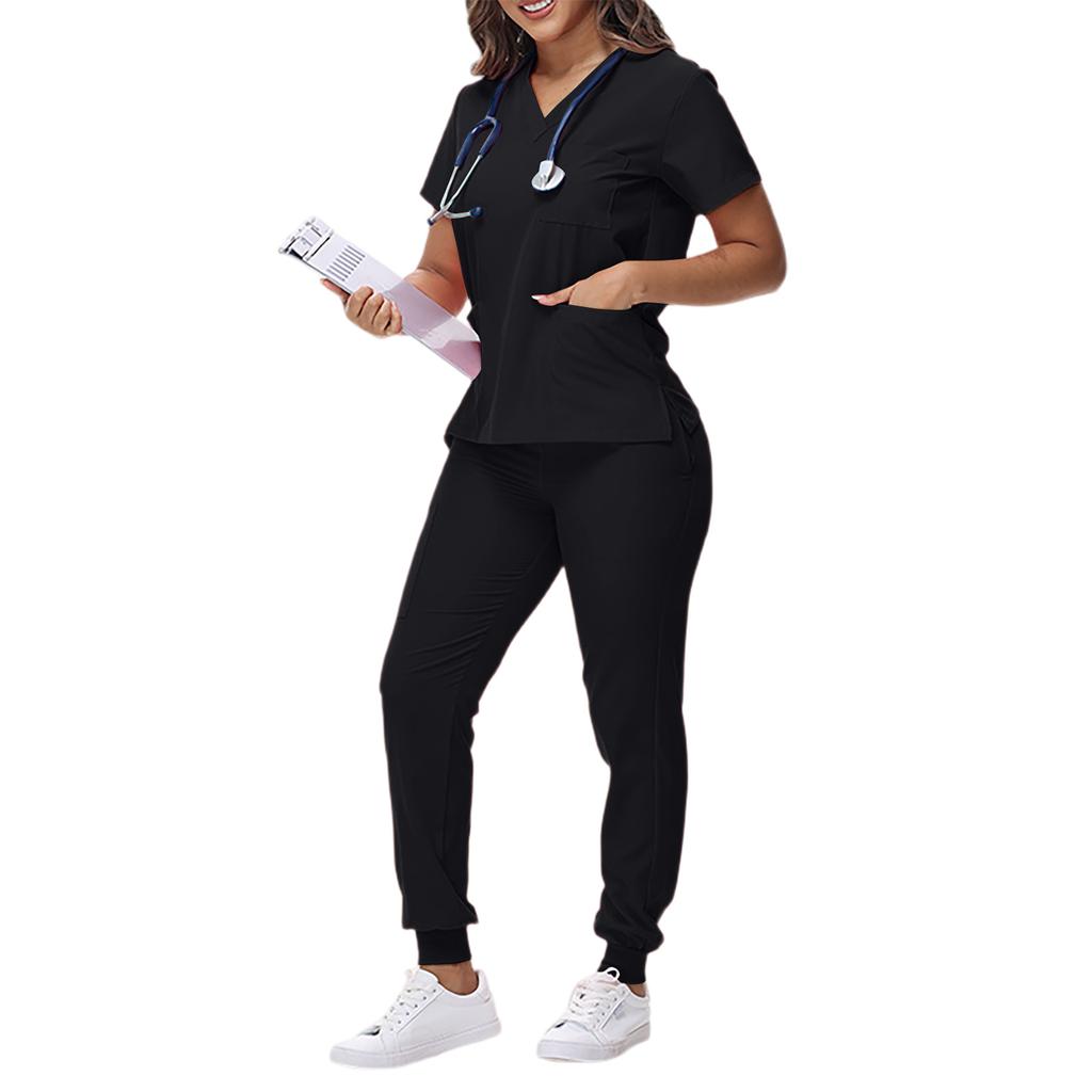 Women's Loose And Comfortable V-neck Short Sleeved Workwear With Tie Up Top And Waist Cinching Beauty Suit Set