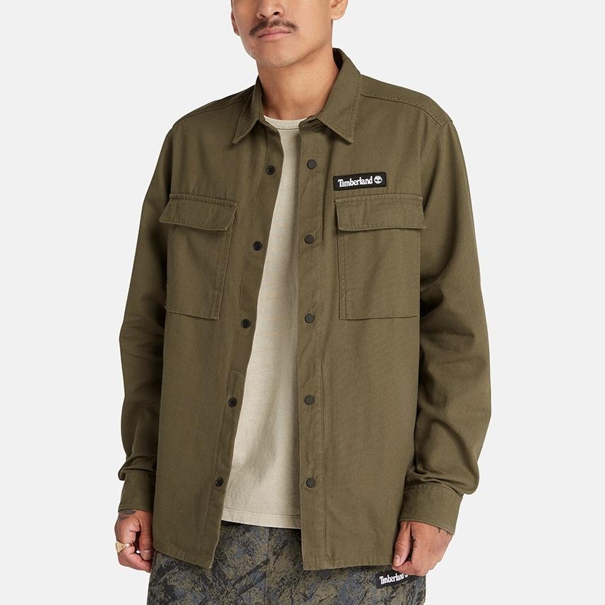 Timberland Solid Color Logo Label Pointed Collar Casual Loose Long Sleeve Shirt Men shirts Green A6JNS-A58