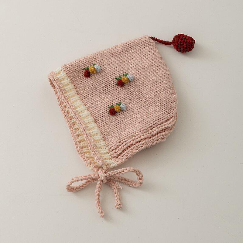 Korean Handmade Cherry Tie-up Beanie: Warm Knit Wool Hat with Ear Protection for Baby Girls 46-50CM розовый