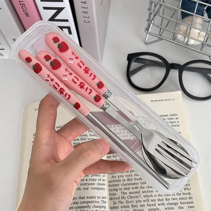 1set Korean Style Cute Strawberry Chopsticks Spoon Fork Cutlery Set with Box Portable Stainless Steel Tableware Kitchen Utensils