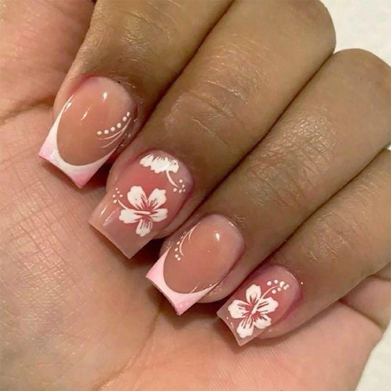 Uñas Postizas Cortas Estilo Francés Uñas Falsas con Flores para Mujer