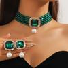 Collier Multicouche Vintage Cristal Vert Rouge Bleu Noir Boucles d'Oreilles Géométriques Carrées en Zircon Pour Femmes Mariages Banquet Ensembles Zircon