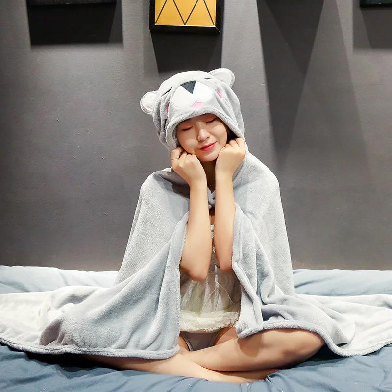 Cartoon Cute Cape Blanket Flannel Lazy Shawl Cape Student Hooded Home Office Nap Blanket Winter Bed Blanket Coral Velvet Warm