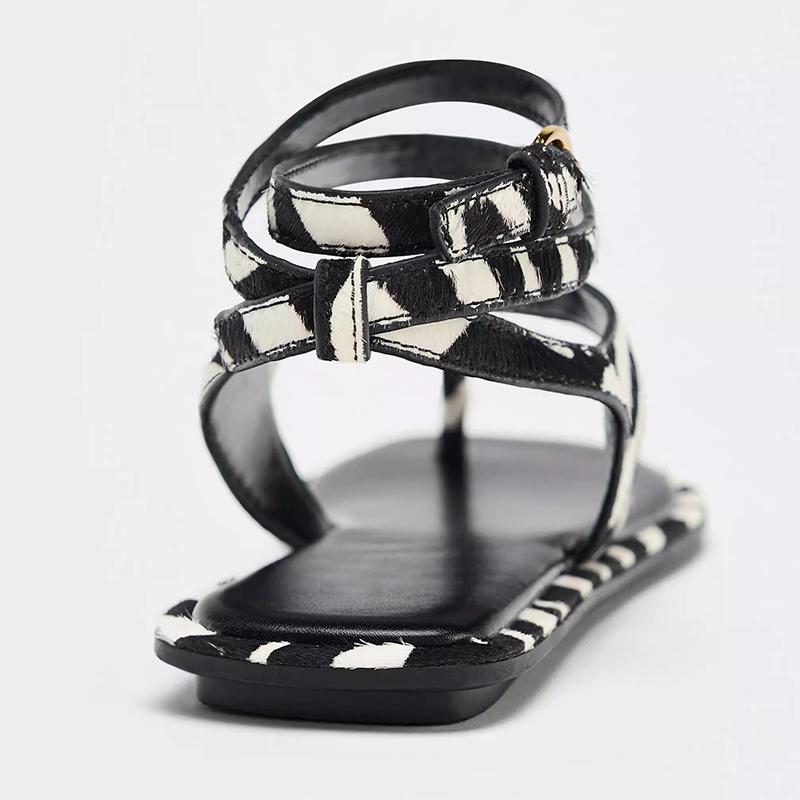Fashion Fashion Zebra Stripes Horsehair Genuine Leather Summer Sandals Flat Sandals Prom Party Shoes Woman Prom Pumps Flip-flops Sandal