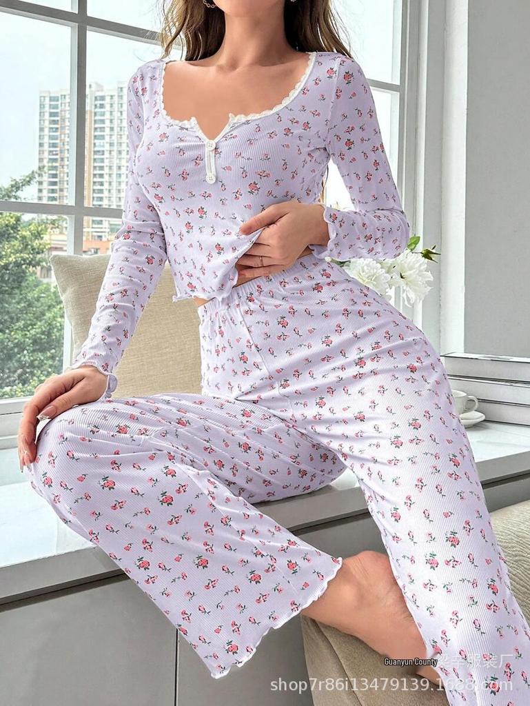 European and American Sexy Casual Long Sleeve Pajama Set - Autumn/Winter Women's Home Wear