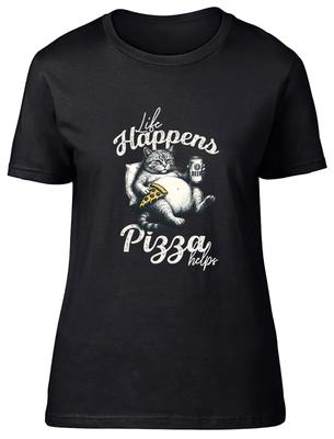 Funny Pizza Lover Life Happens Pizza Helps Womens T-Shirt Ladies Gift Tee