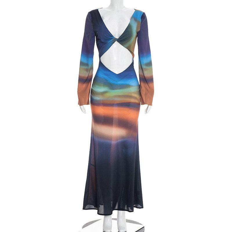 

D26Ds030 European and American Cross-Border Women s Fashion Tie-Dye Printed Mesh Long-Sleeve Backless Lace-Up Long Dress Blue S