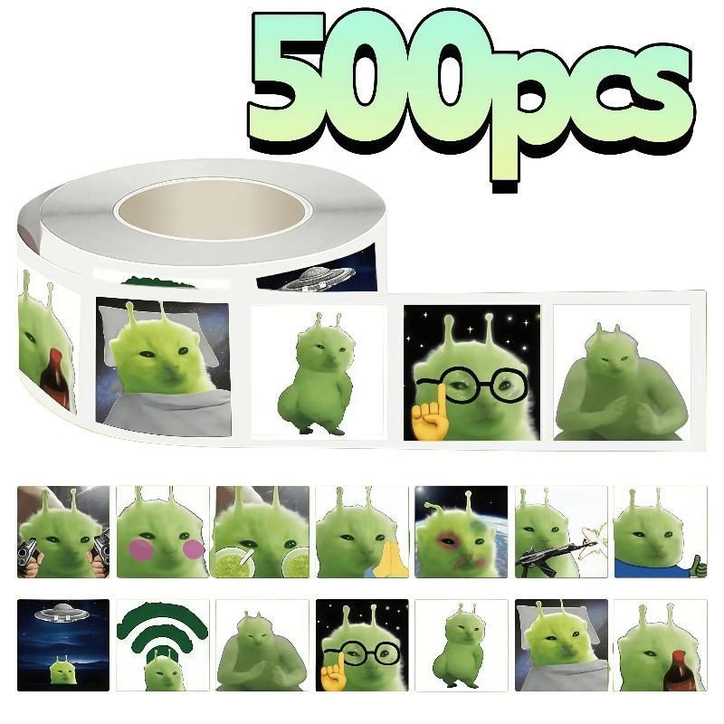 

500Pcs Funny Alien Cat Stickers, Quirky Extraterrestrial Kitten Decals For Diy, Journal & Gift Embellishment 1ROLL