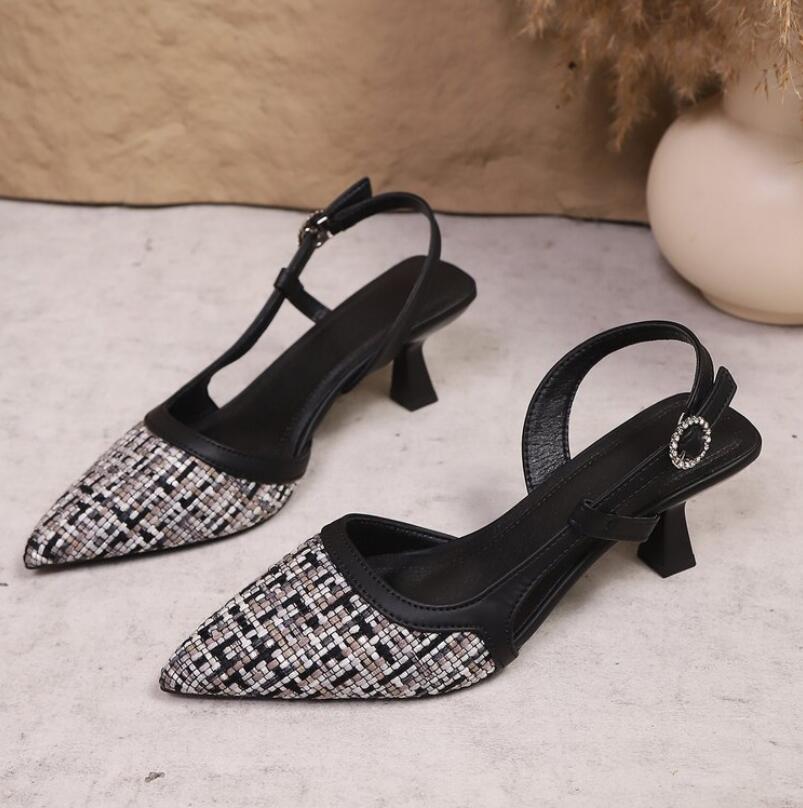 Shoes Women Pumps Pointed Hollow Out High Heels 7CM Summer Women's Sandals Occupation Office Slingback Shoes Sling Kitten Heels