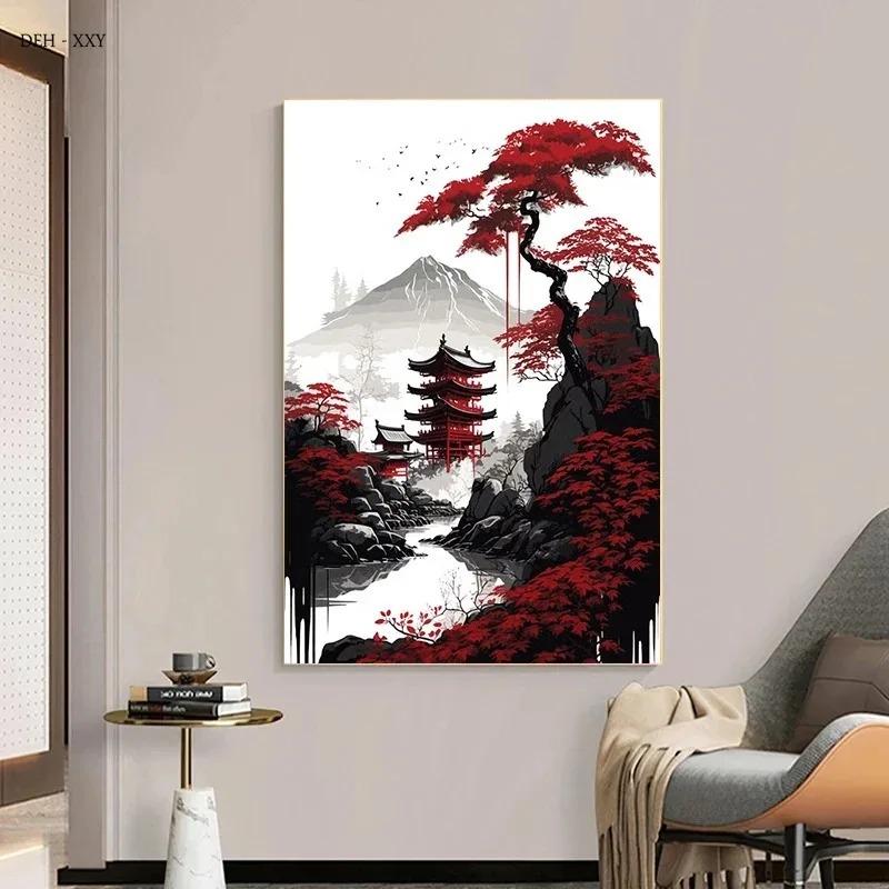 Leinwandmalerei Japanische Naturlandschaft Berg Tempel Leinwandposter Vintage Schwarz Rote Tuschekunst Wandkunst Drucke Heimdekor