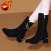 Black Middle Heel Rhinestone Ladies Mid Calf Shoes Autumn Winter Fleece-Lined Hot Fashion 2025 On Offer Women's Half High Boots