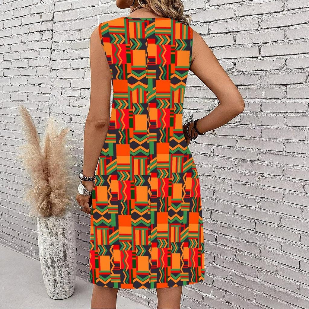 Plus Size V Neck Sleeveless Dress Ink Mountain Stream Print For Water Town Sightseeing