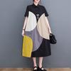 Short Sleeve Patchwork Contrast Color Dresses for Women Loose Casual Vintage Dress Fashion Elegant Clothes Spring Summer 2025