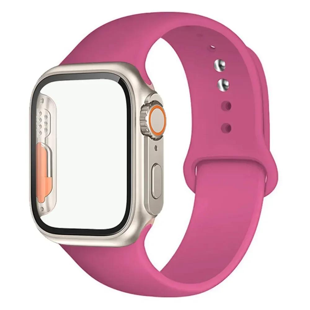 Silicone Strap+Case For Apple Watch Band 44mm 45mm 41mm 40mm Tempered Glass Cover Change to Ultra iWatch Series 9 8 7 SE 6 5 3
