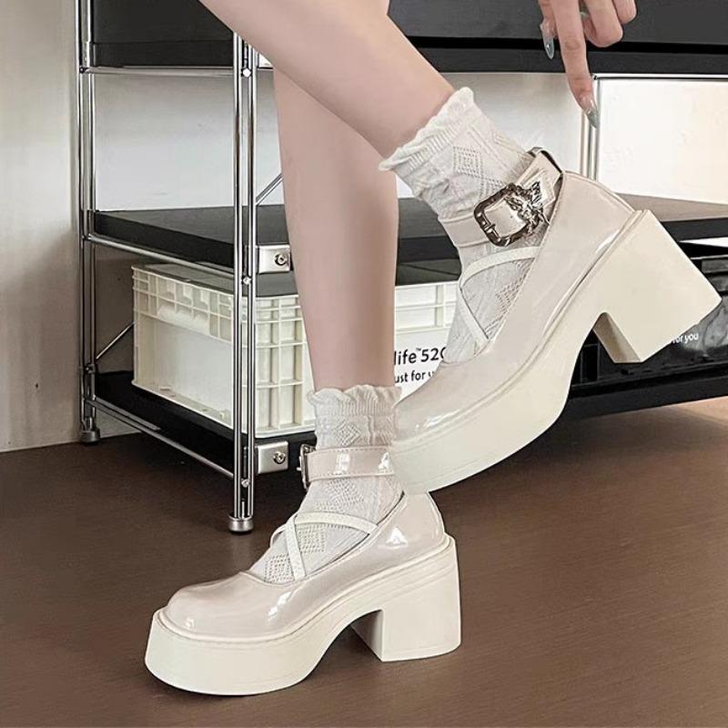 Coarse Heel Round Head Cross Strap Autumn New Buckle Small Leather Shoes Student Black Single Shoes