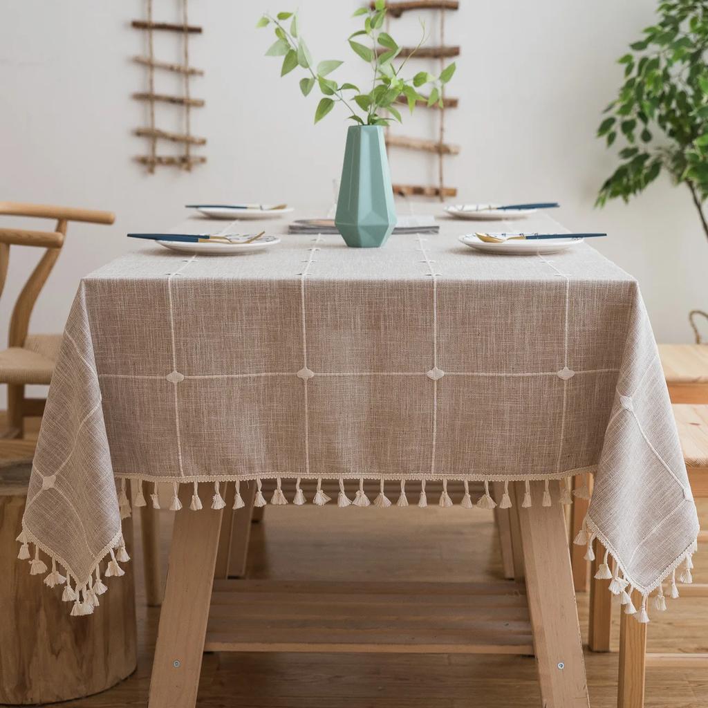 Baumwoll-Leinen-Tischdecke Strapazierfähige bestickte Tischdecken Landhausstil Tischdecke, Weiche und knitterfreie Tischabdeckung mit Quasten