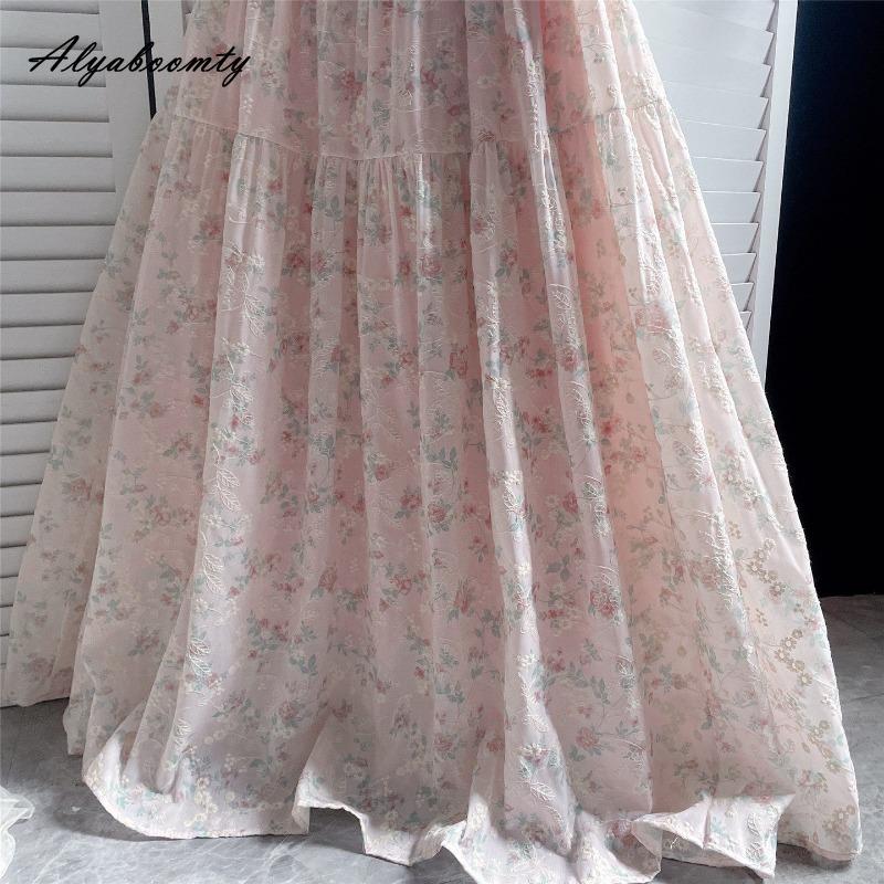 Japanese Mori Girl Spring Summer Women Pink Skirt Elastic Waist Floral Embroidery Sweet Skirt Vintage Delicate Cotton Skirts Womens