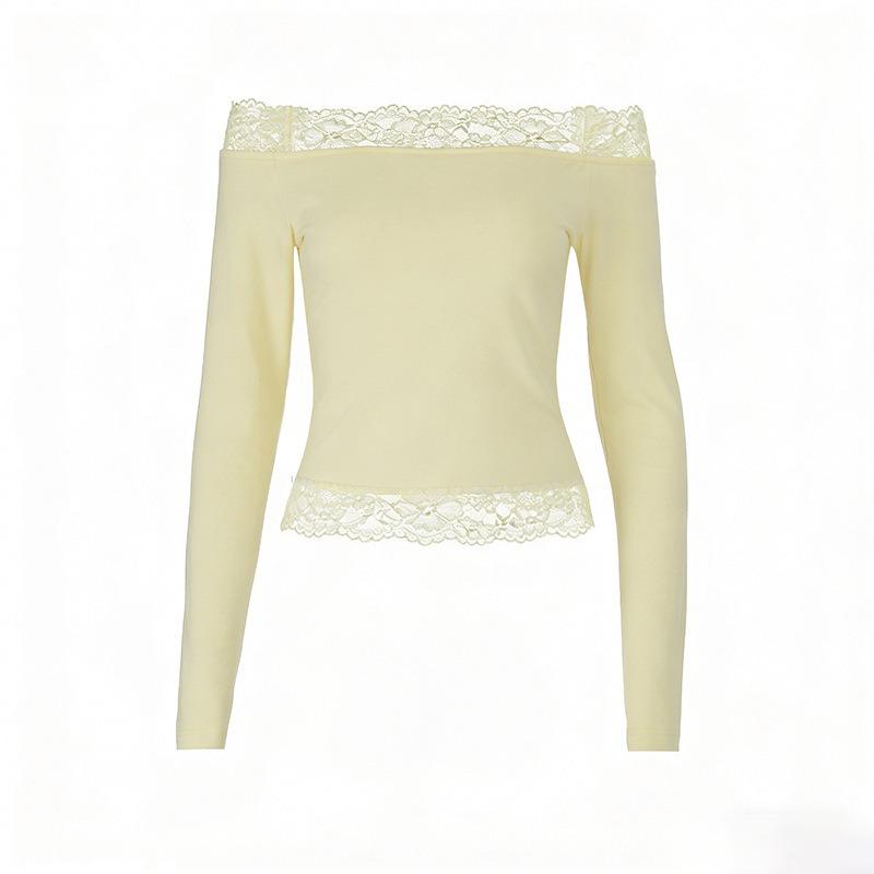Spitze Off-Shoulder Langarm Tailliert Unifarben Sexy Damen Freizeit Oberteil