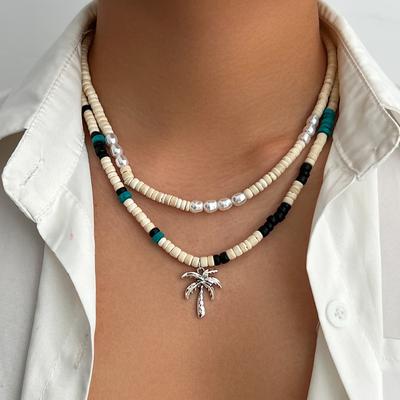 PuRui  Bohemia 2Pcs/Set Coconut Husk Imitation Zircon Beads Alloy Necklace for Men Vintage Charm Coconut Tree Pendant Zircon