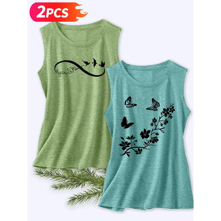 Follow a Specific Direction Two-piece Women's Tank Top with Butterfly and Floral Print Elegant Summer Party Outfits Sleeveless Vest Essential Fashion