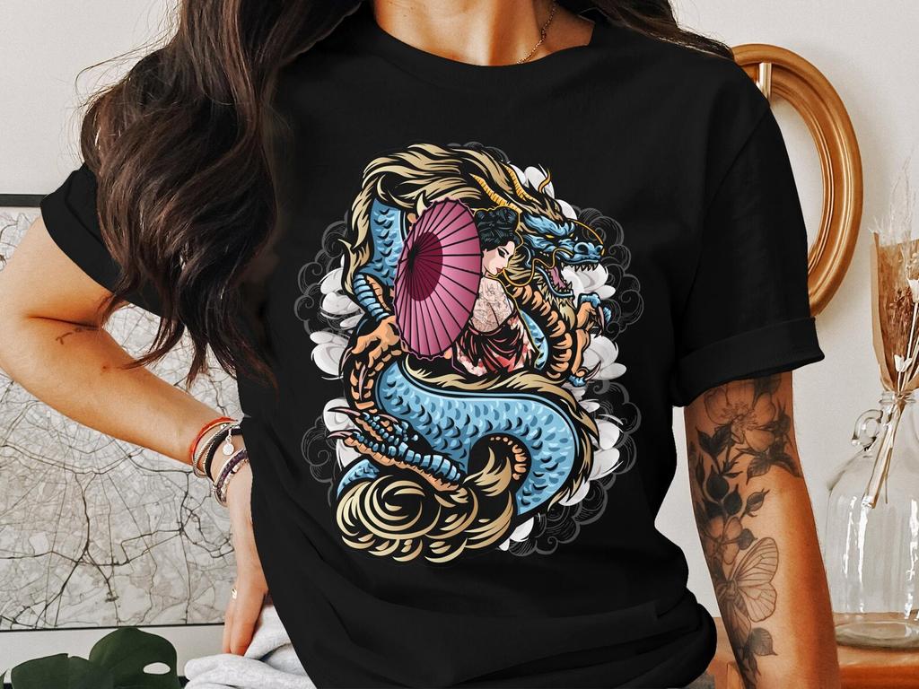 Japanese Dragon Geisha Art T-Shirt, Mythical Creature Tee, Traditional Japanese Tattoo Design Shirt, Unique Graphic Tee, Unisex Style