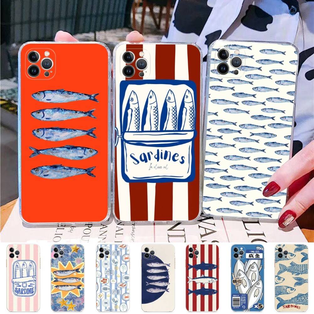 Sardines Retro Art Seafood For IPhone 17 16 15 14 13 12 Mini 11 Pro Max Transparent Case