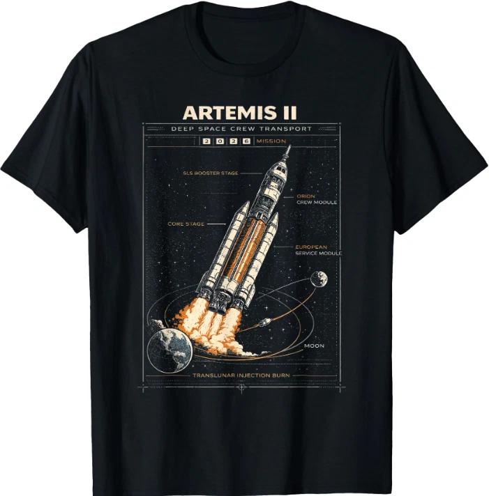 Blueprint Space Rocket Launch Mission to The Moon Artemis 2 T-Shirt XL