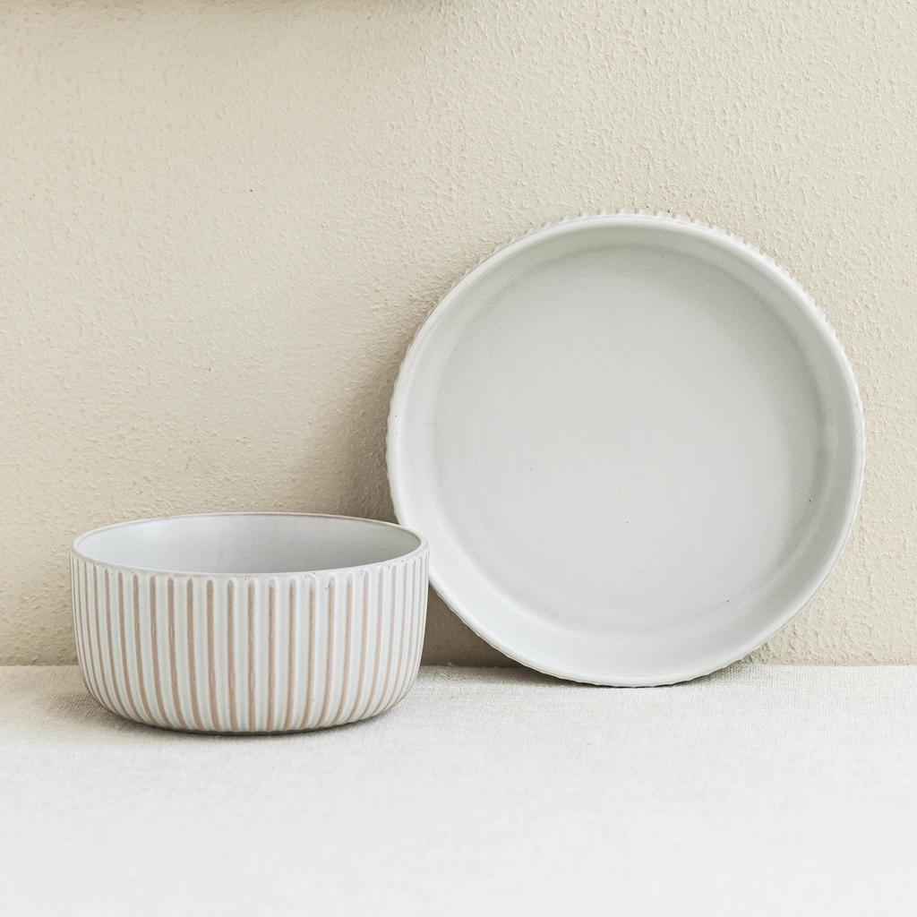 Embossed Vertical Bowl Set Ceramic Bowl Large Plate Household Dish Bowl Vegetable Plate Tableware Round Salad Bowl