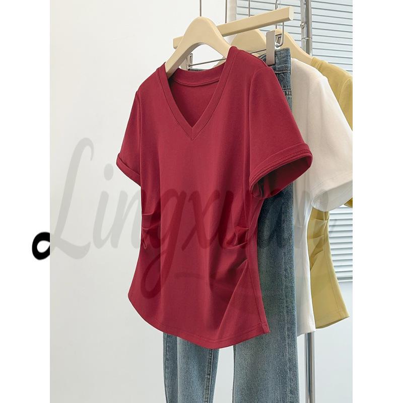 2026 Summer Plus Size Women s V-neck Waist-cinching Slimming Short-sleeved T-shirt 2XL