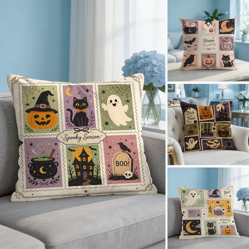 Spooky Cute Halloween Ghost Cat Cushion Cover Breathable Organic Cushion Covers Machine Washable Wrinkle-Resistant Soft Durable