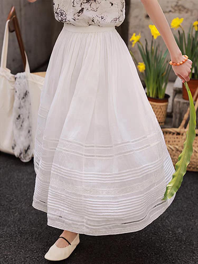 Women's White Ramie Embroidered Midi Skirt with Elastic High Waist and Wide Hem - Spring 2026 Collection