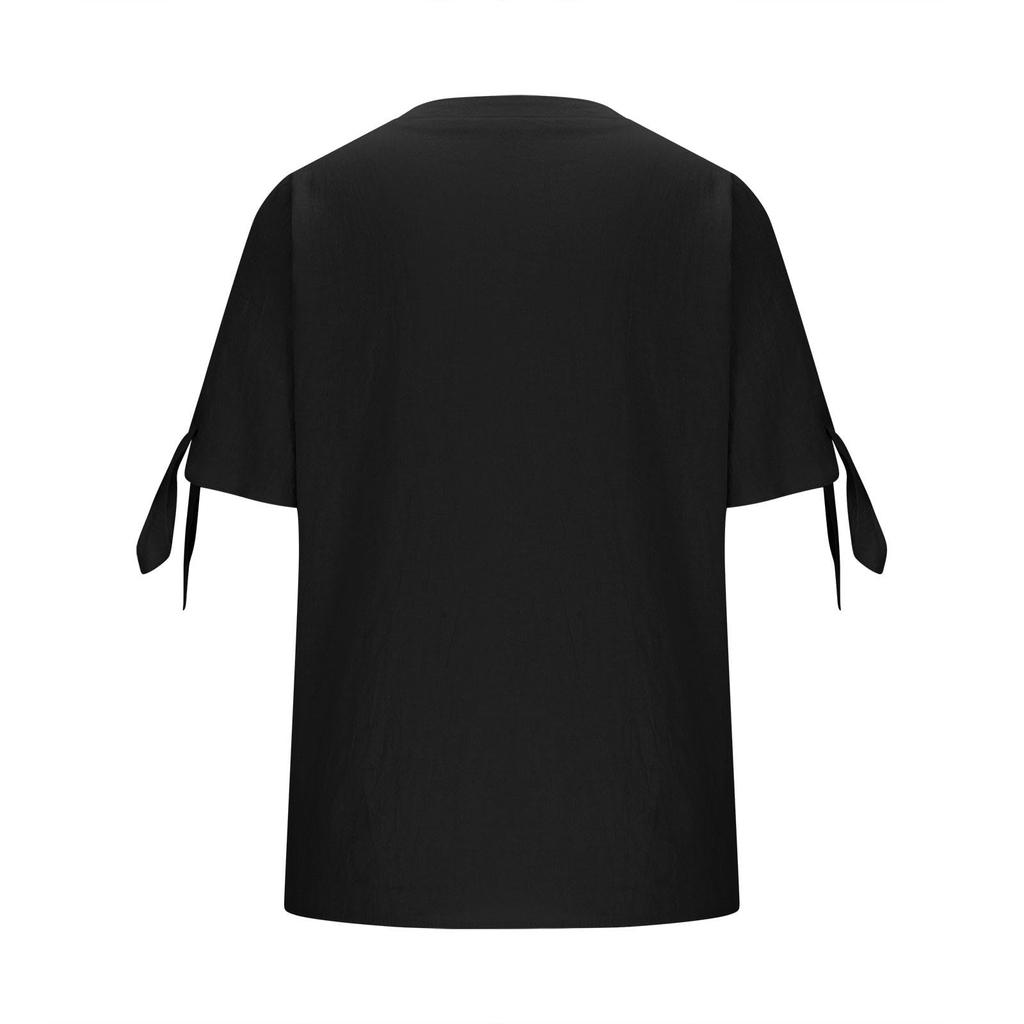 Women's Cotton Linen Shirt Short-sleeved Hollow V-neck Top Casual Knot T-shirt Loose Solided Color T-shirt Top