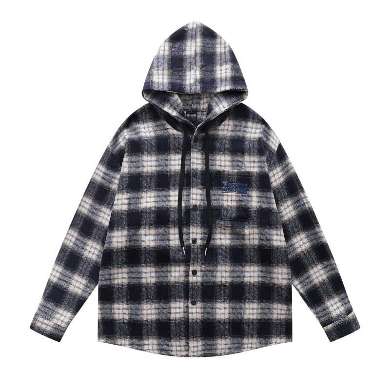 Mens Vintage American Style Plaid Hooded Long Sleeve Shirt Loose Casual All-Match Blouse