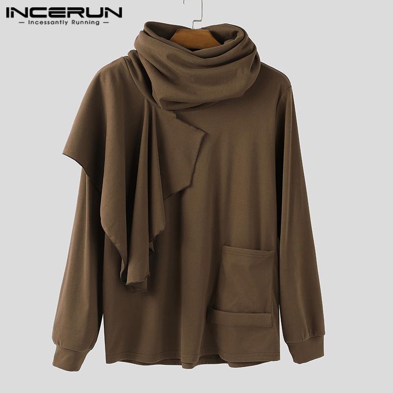 INCERUN Autumn Men High Cowl Neck Long Sleeve Ruffled Irregular Casual Tops T-shirts