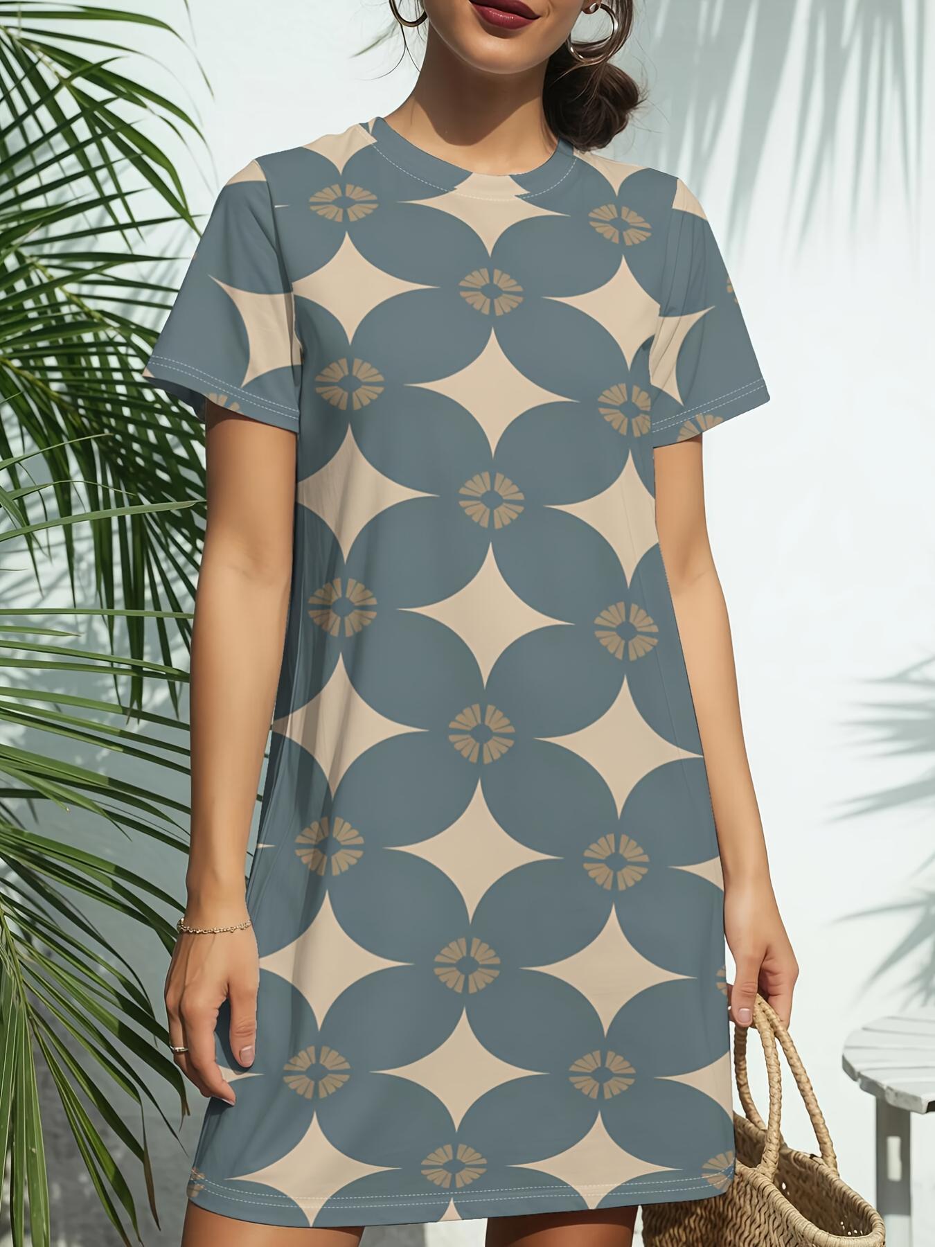 

Slate Geo HexNew Arrival Women s Round Neck Short-Sleeve T-shirt Dress.American Trendy Digital Print. Casual Versatile Style for Spring and Summer.Ele XS дубильная кора