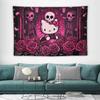 Hello Kitty Gothic Skull Tapestry  Pink Rose Skull Printed Wall Hanging Cute Anime Cat Decor for Bedroom Home Art Accessory