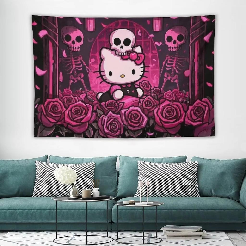 Hello Kitty Gothic Skull Tapestry Pink Rose Skull Printed Wall Hanging Cute Anime Cat Decor for Bedroom Home Art Accessory