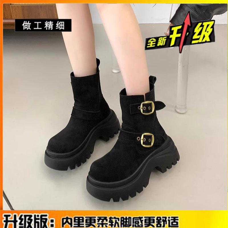 

Cowhide version of Martin boots children s 2025 autumn and winter new thick-soled heightened Merad western denim mid-tube short boots 35