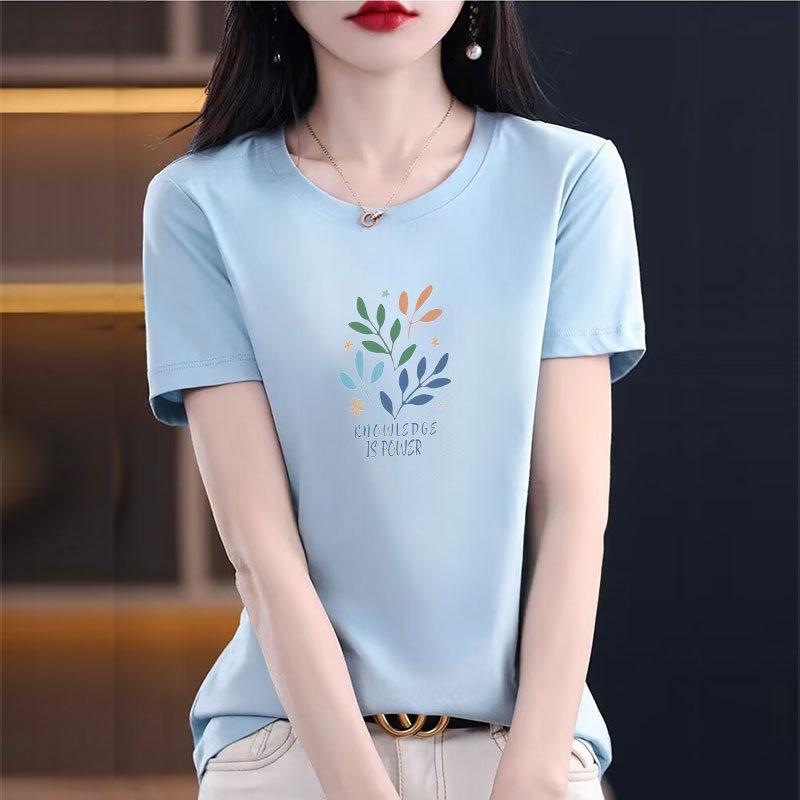 White Short Sleeved T-shirt for Women, Loose Printed T-shirt for Upper Garment