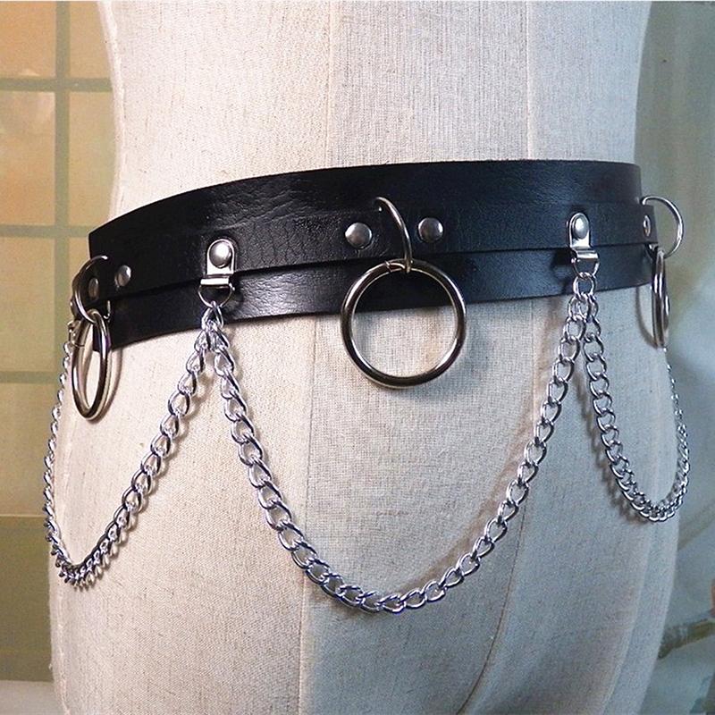 Faux Leather Metal Circle Chain Tassel Waist Belt Punk Gothic Body Accessories