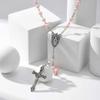 Collana Rosario Perla Rosa Perline di Preghiera Cattoliche Medaglia Vergine Maria Collana con Croce Religiosa per donne Gioielli Religiosi Regalo