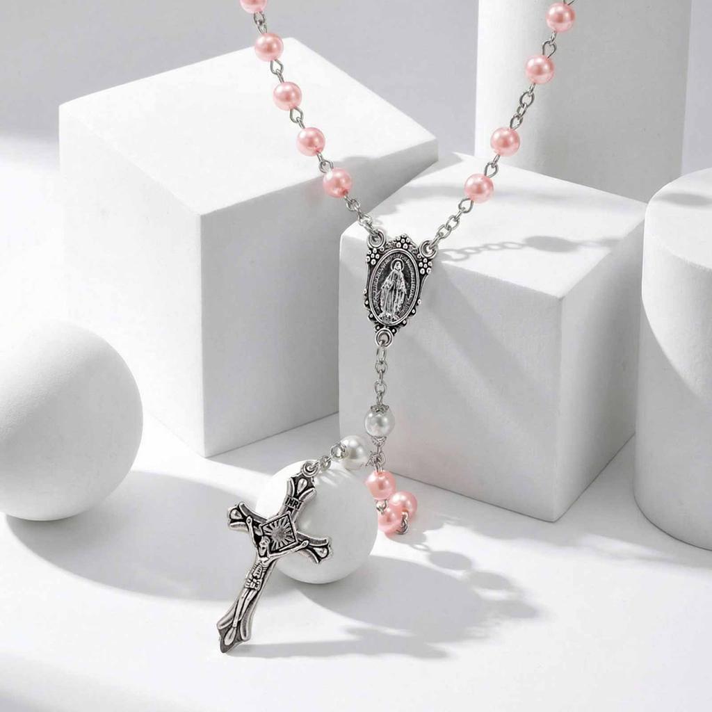 Collana Rosario Perla Rosa Perline di Preghiera Cattoliche Medaglia Vergine Maria Collana con Croce Religiosa per donne Gioielli Religiosi Regalo