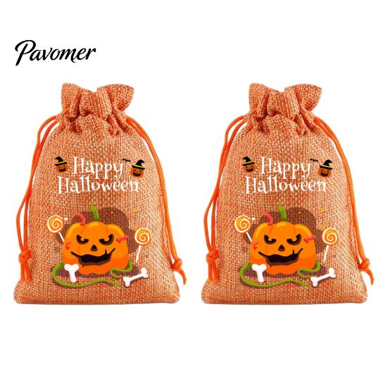 Trick or Treat Party Souvenirs 2Pcs Halloween Pumpkin Drawstring Bags for Candy Treats, Retro Burlap Rustic Linen Goodie Bags, Portable Kids