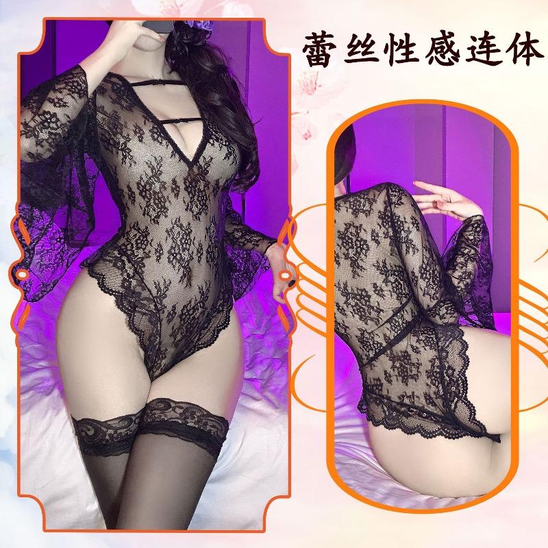 Chaomu slim and thin erotic underwear sexy perspective one-piece pure desire horn sleeve lace pajamas hollow uniform women