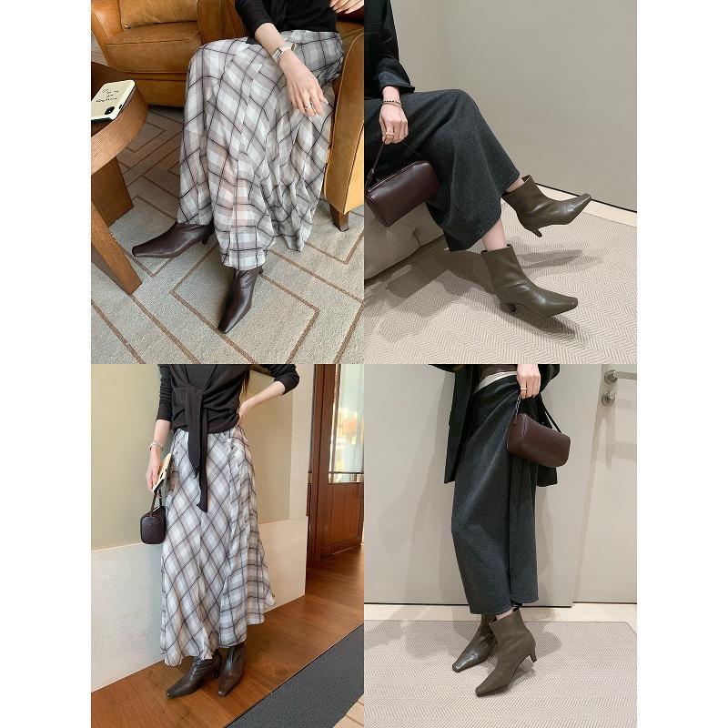 Cowhide Version~ Grape Ma Height.cm Short Boots Square Head Thin Heel Thin Boots Women's Short Ankle Boots